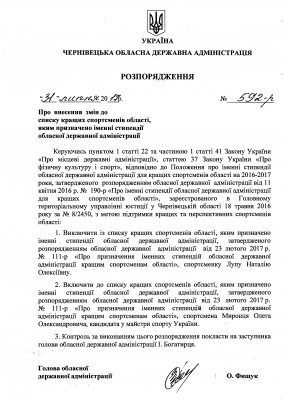 Фищук позбавив спортсменку Лупу стипендії Чернівецької ОДА