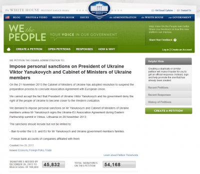 Петиція з вимогою введення США санкцій проти української влади зібрала за 2 доби понад 50 тисяч голосів