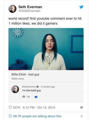 На YouTube вперше з'явився коментар з 1 мільйоном лайків
