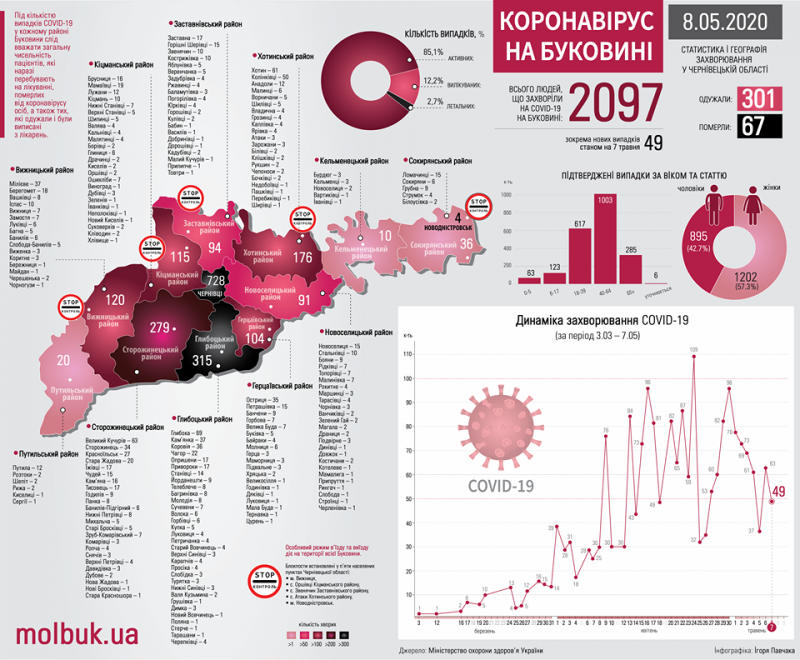 Скільки випадків коронавірусу зафіксовано у кожному селі та місті Буковини – інфографіка